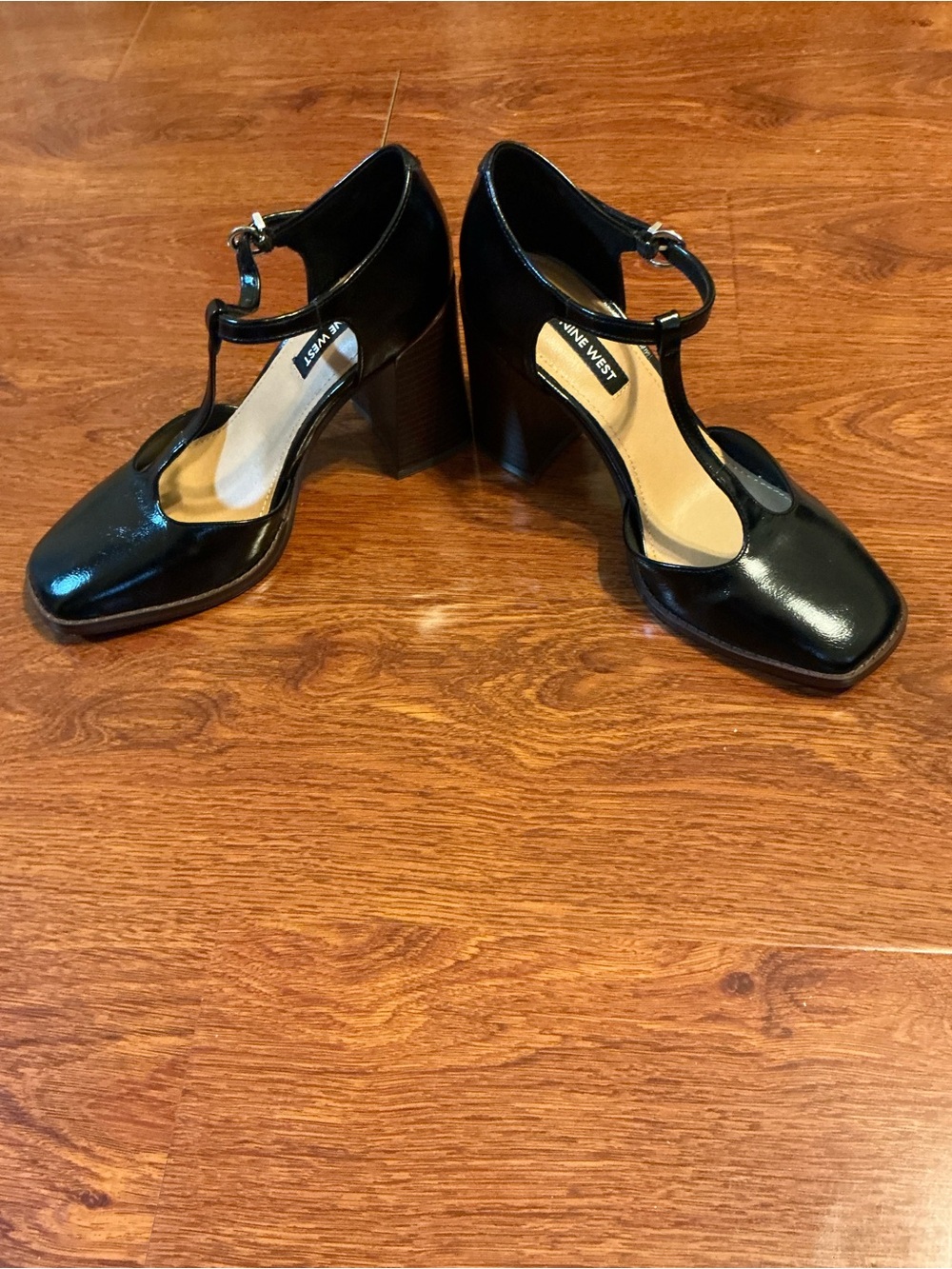 Nine West Black Patent T-Strap Block Heel Pumps - Picture 3 of 3